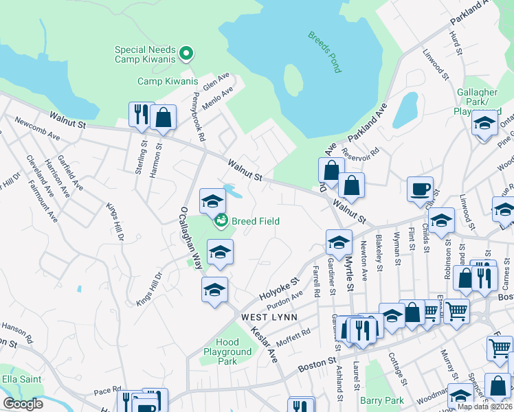 map of restaurants, bars, coffee shops, grocery stores, and more near 382 Walnut Street in Lynn