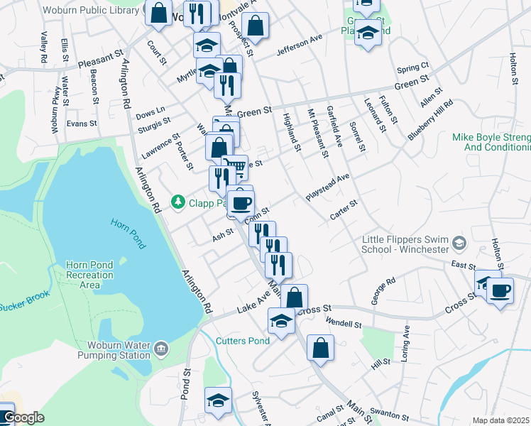map of restaurants, bars, coffee shops, grocery stores, and more near 25 John Street in Woburn