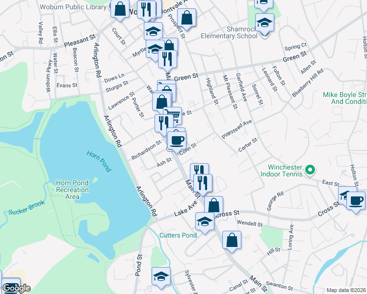 map of restaurants, bars, coffee shops, grocery stores, and more near 25 John Street in Woburn