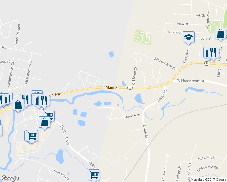 map of restaurants, bars, coffee shops, grocery stores, and more near 1225-1243 Dalton Avenue in Pittsfield