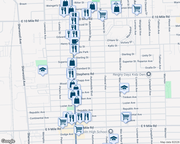 map of restaurants, bars, coffee shops, grocery stores, and more near 8220 Standard Street in Center Line