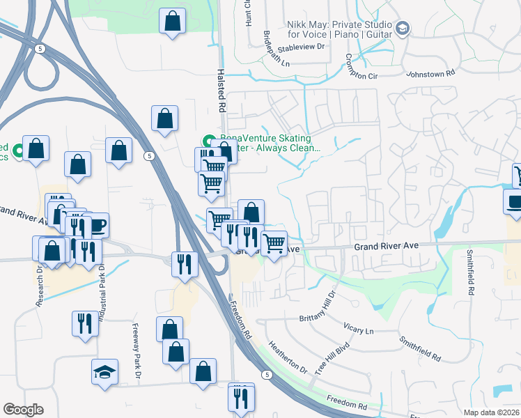 map of restaurants, bars, coffee shops, grocery stores, and more near 24334 Washington Court in Farmington Hills