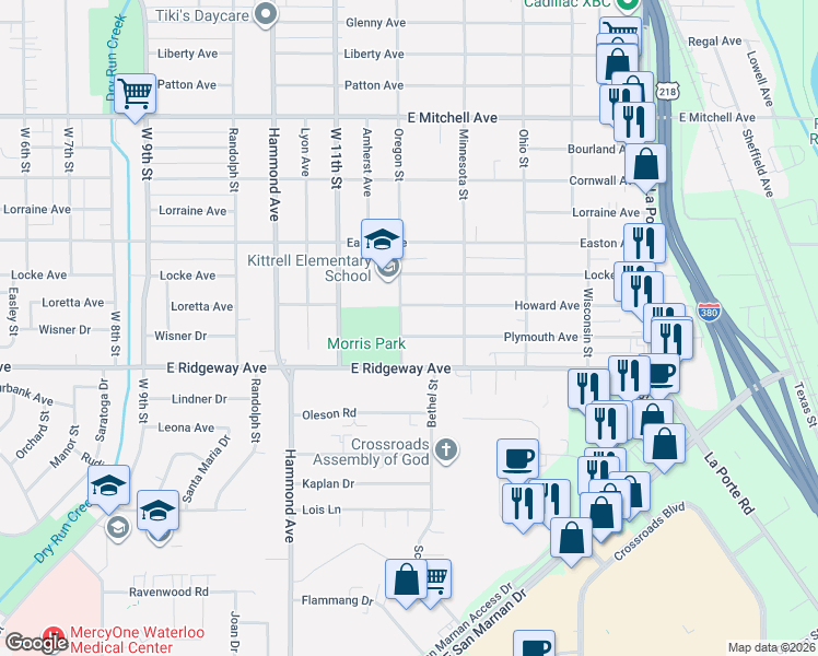 map of restaurants, bars, coffee shops, grocery stores, and more near 1405 Oregon Street in Waterloo