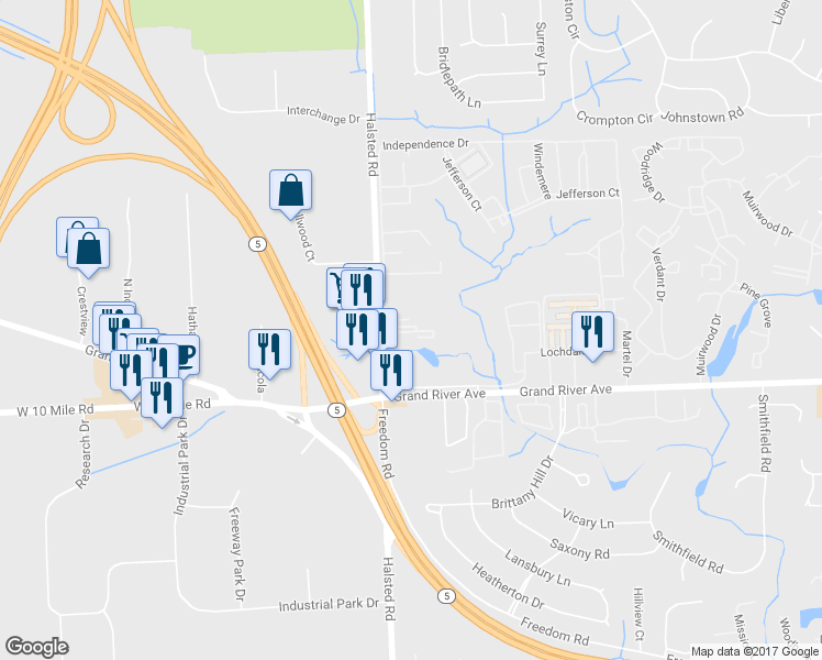 map of restaurants, bars, coffee shops, grocery stores, and more near 24360 Independence Drive in Farmington Hills