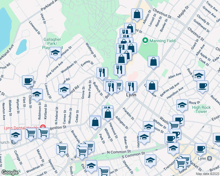 map of restaurants, bars, coffee shops, grocery stores, and more near 27 North Franklin Street in Lynn