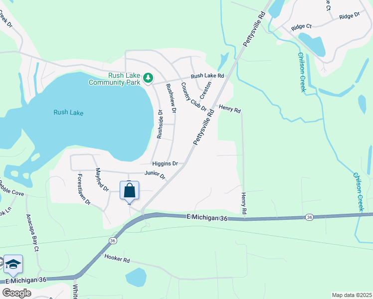 map of restaurants, bars, coffee shops, grocery stores, and more near 8890 Pettysville Road in Pinckney