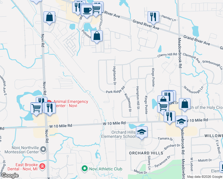 map of restaurants, bars, coffee shops, grocery stores, and more near 24705 Apple Crest Drive in Novi