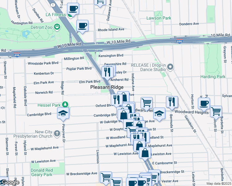 map of restaurants, bars, coffee shops, grocery stores, and more near 6 Maywood Avenue in Pleasant Ridge