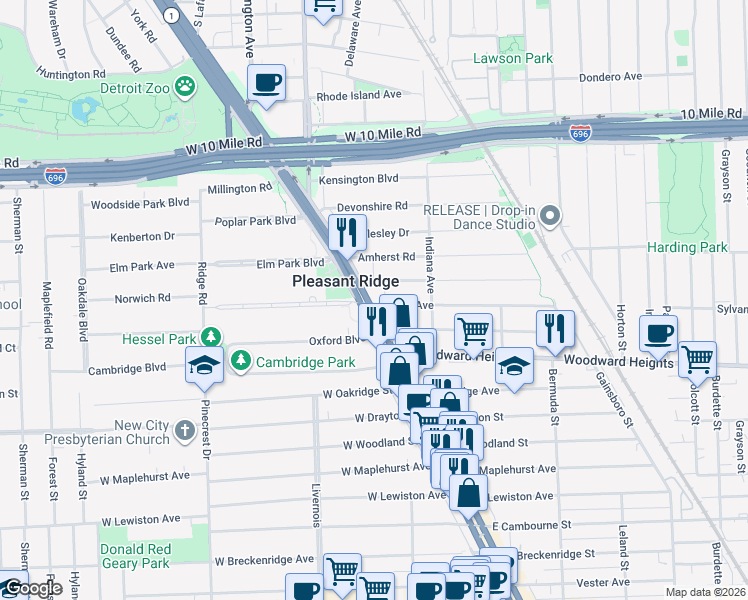map of restaurants, bars, coffee shops, grocery stores, and more near 6 Maywood Avenue in Pleasant Ridge