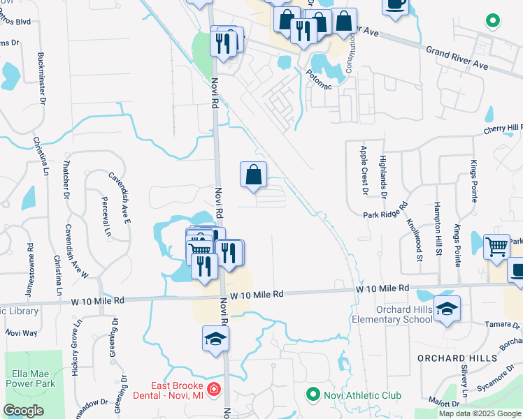 map of restaurants, bars, coffee shops, grocery stores, and more near 43200 Novi in Novi