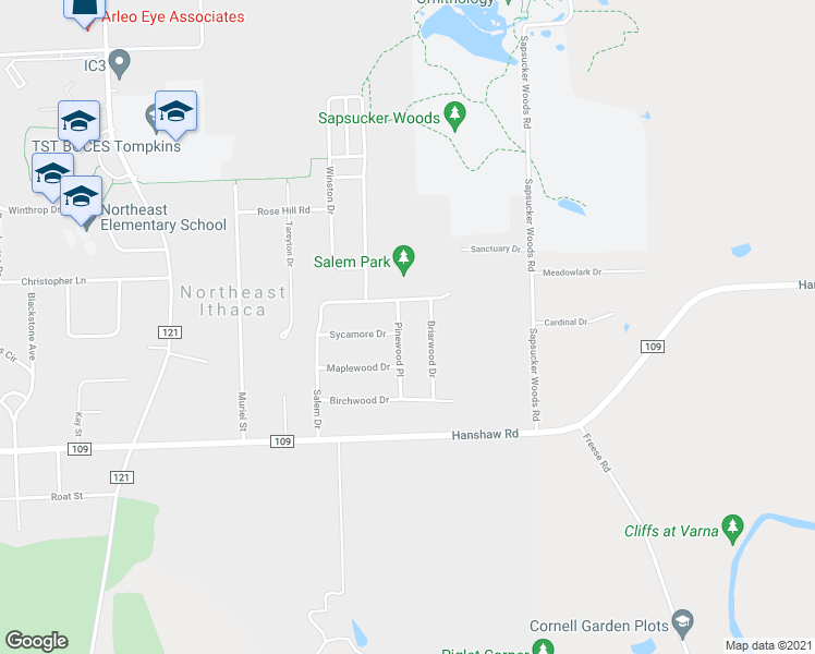 map of restaurants, bars, coffee shops, grocery stores, and more near 113 Pinewood Place in Ithaca