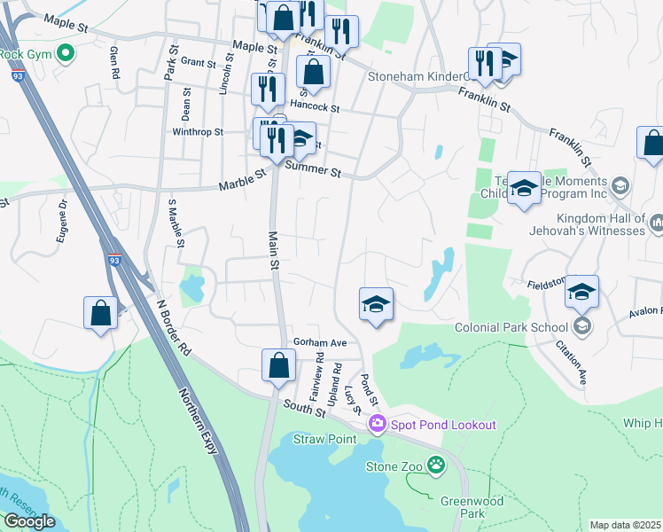 map of restaurants, bars, coffee shops, grocery stores, and more near 18 Fells Road in Stoneham