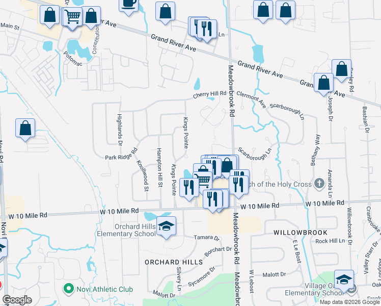 map of restaurants, bars, coffee shops, grocery stores, and more near 24524 Kings Pointe in Novi
