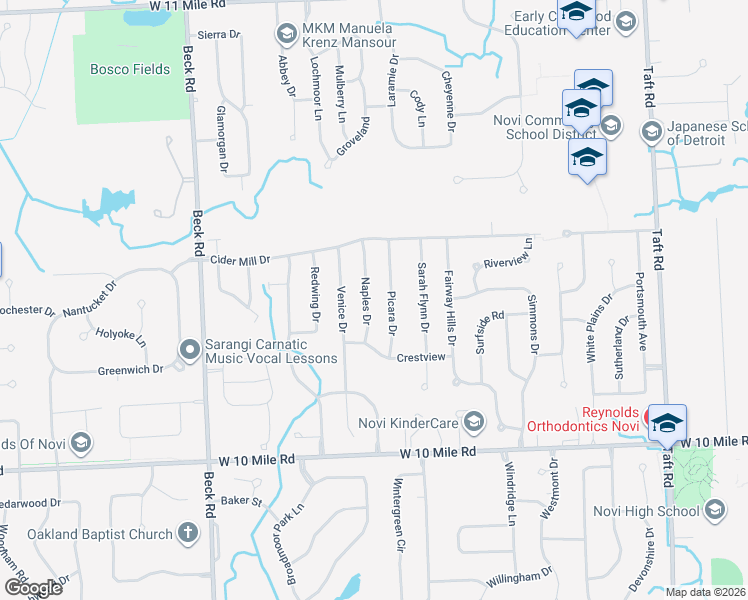 map of restaurants, bars, coffee shops, grocery stores, and more near 24689 Picara Drive in Novi