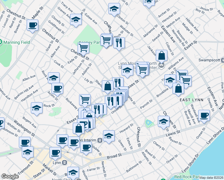 map of restaurants, bars, coffee shops, grocery stores, and more near 301 Essex Street in Lynn