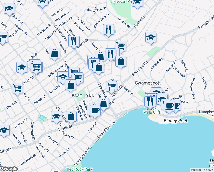 map of restaurants, bars, coffee shops, grocery stores, and more near 40 Pine Street in Swampscott