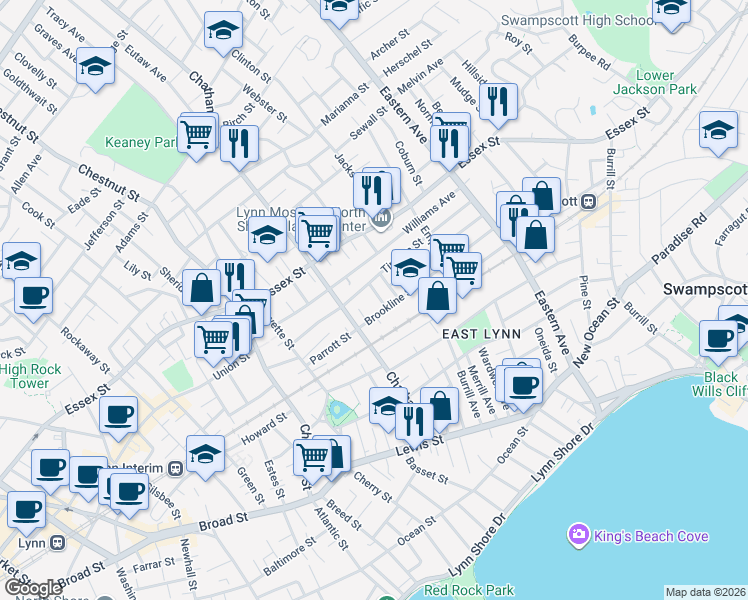 map of restaurants, bars, coffee shops, grocery stores, and more near 4 Brookline Avenue in Lynn