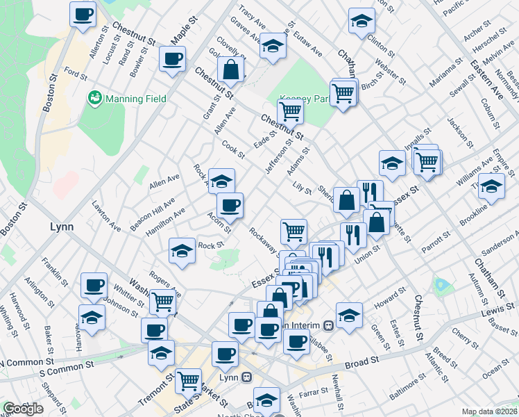 map of restaurants, bars, coffee shops, grocery stores, and more near 96 Adams Street in Lynn