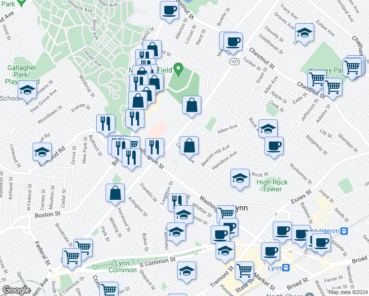 map of restaurants, bars, coffee shops, grocery stores, and more near 15 Bellair Street in Lynn