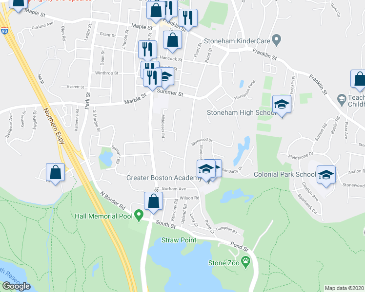 map of restaurants, bars, coffee shops, grocery stores, and more near 18 Fells Road in Stoneham