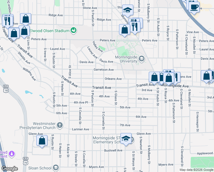 map of restaurants, bars, coffee shops, grocery stores, and more near 3424 Orleans Avenue in Sioux City