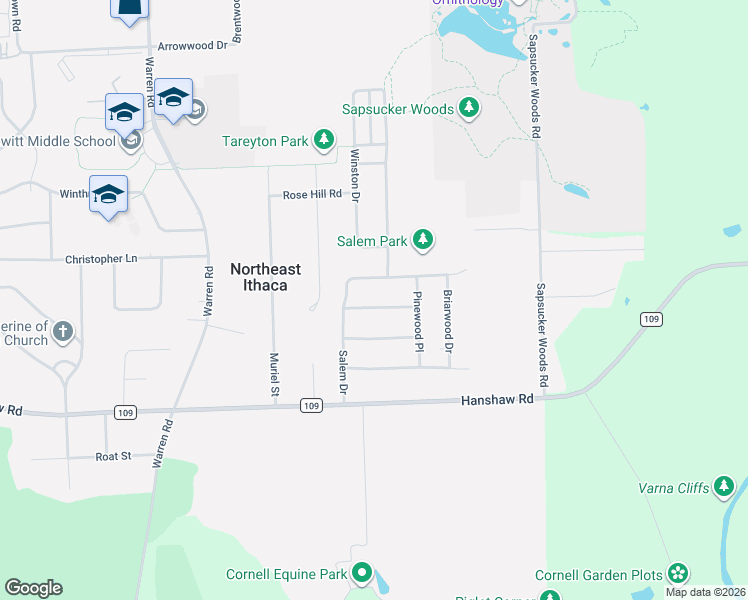 map of restaurants, bars, coffee shops, grocery stores, and more near 106 Sycamore Drive in Ithaca