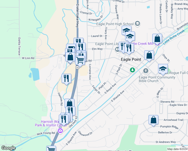 map of restaurants, bars, coffee shops, grocery stores, and more near 333 Lorraine Avenue in Eagle Point
