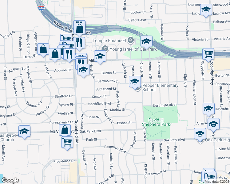 map of restaurants, bars, coffee shops, grocery stores, and more near 15000 Sutherland Street in Oak Park