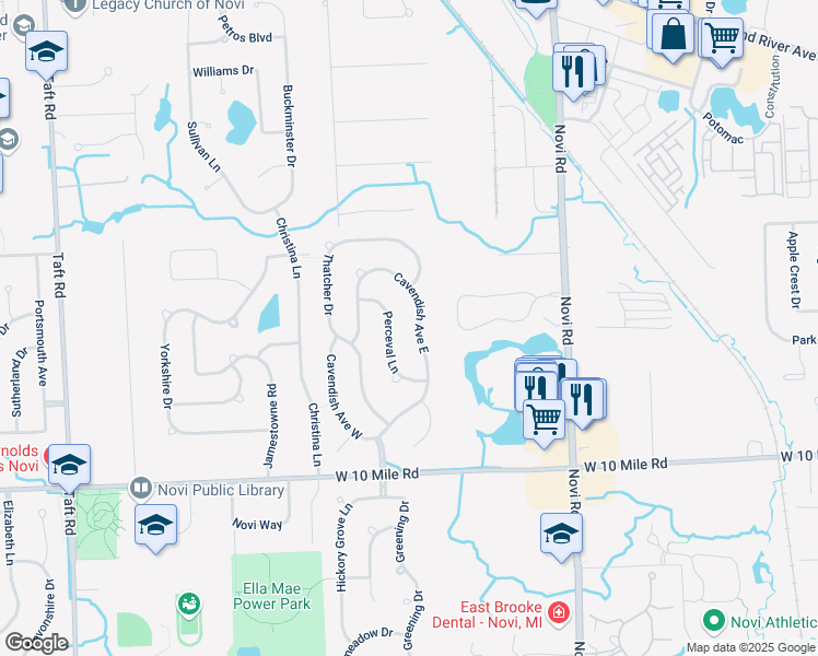 map of restaurants, bars, coffee shops, grocery stores, and more near 24529 Cavendish Avenue East in Novi