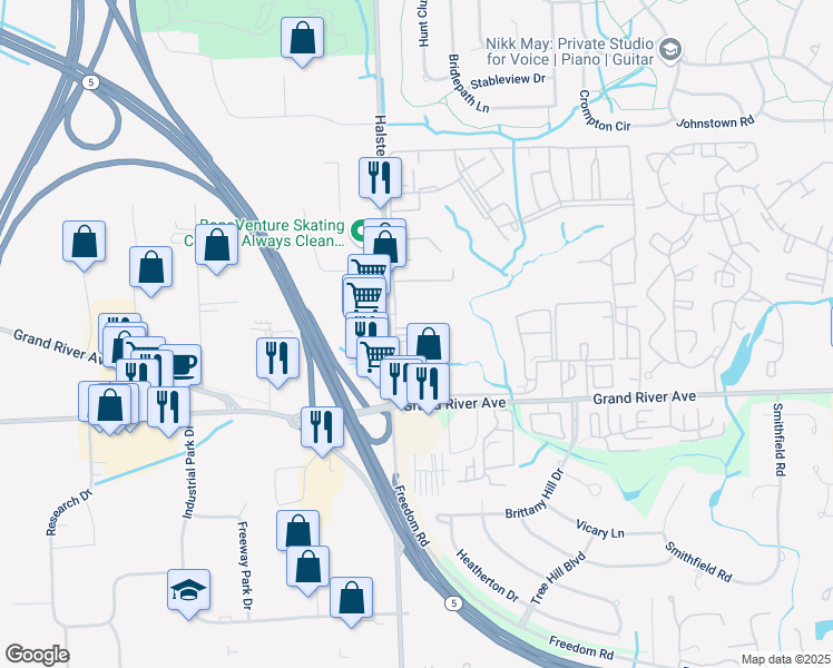 map of restaurants, bars, coffee shops, grocery stores, and more near 24322 Washington Court in Farmington