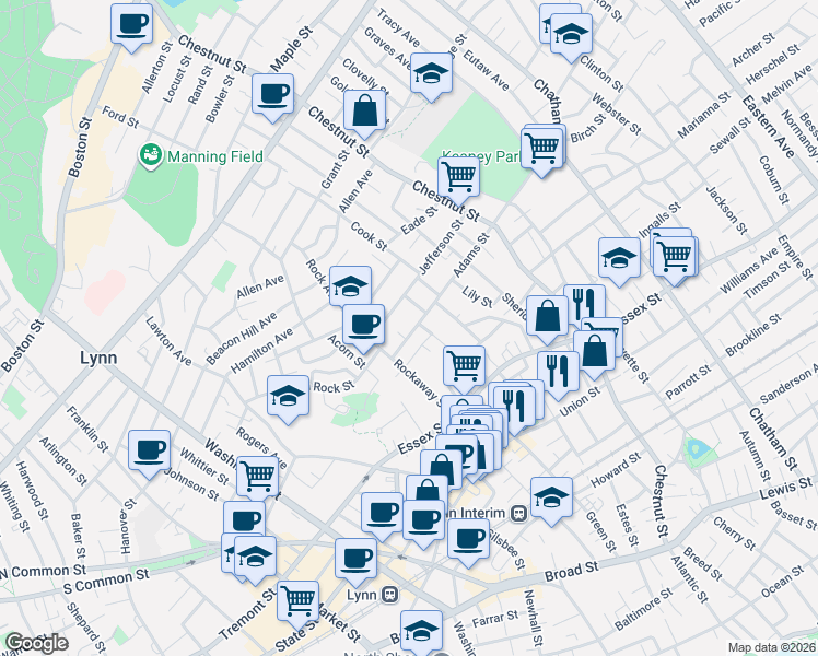 map of restaurants, bars, coffee shops, grocery stores, and more near 96 Adams Street in Lynn