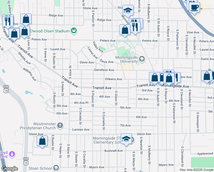 map of restaurants, bars, coffee shops, grocery stores, and more near 3424 Orleans Avenue in Sioux City