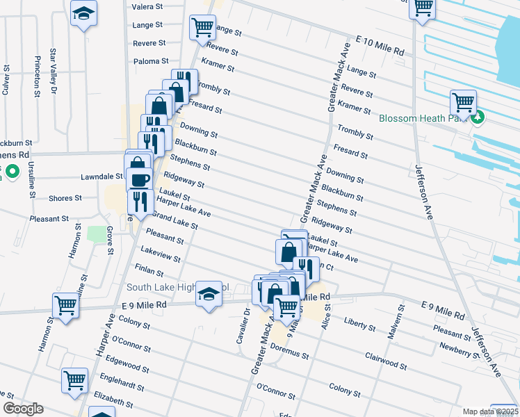 map of restaurants, bars, coffee shops, grocery stores, and more near 22008 Ridgeway Street in Saint Clair Shores