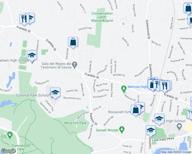 map of restaurants, bars, coffee shops, grocery stores, and more near Franklin Street in Melrose