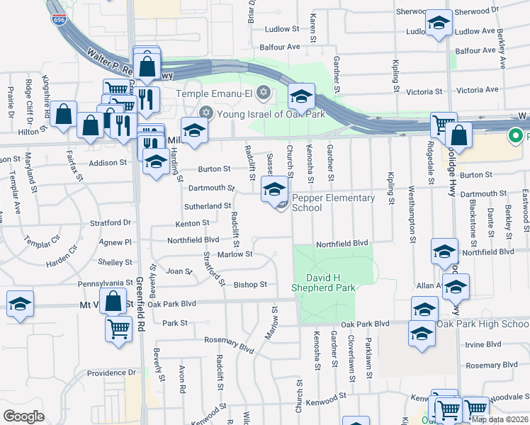 map of restaurants, bars, coffee shops, grocery stores, and more near 24530 Radclift Street in Oak Park