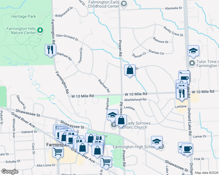 map of restaurants, bars, coffee shops, grocery stores, and more near 32510 Raphael Road in Farmington Hills