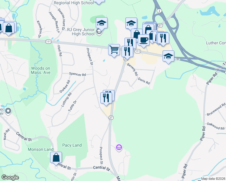 map of restaurants, bars, coffee shops, grocery stores, and more near 234 Massachusetts 27 in Acton