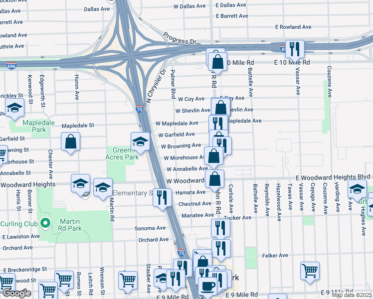 map of restaurants, bars, coffee shops, grocery stores, and more near 172 West Browning Avenue in Hazel Park