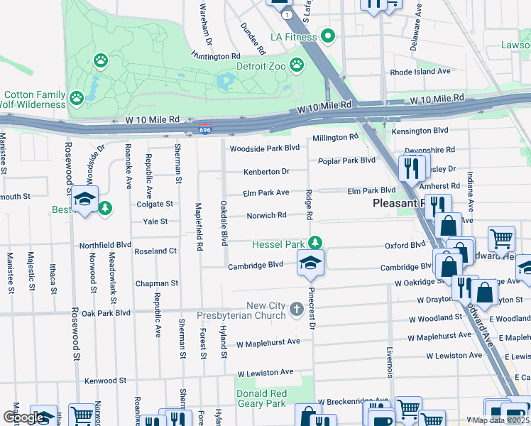 map of restaurants, bars, coffee shops, grocery stores, and more near 18 Norwich Road in Pleasant Ridge