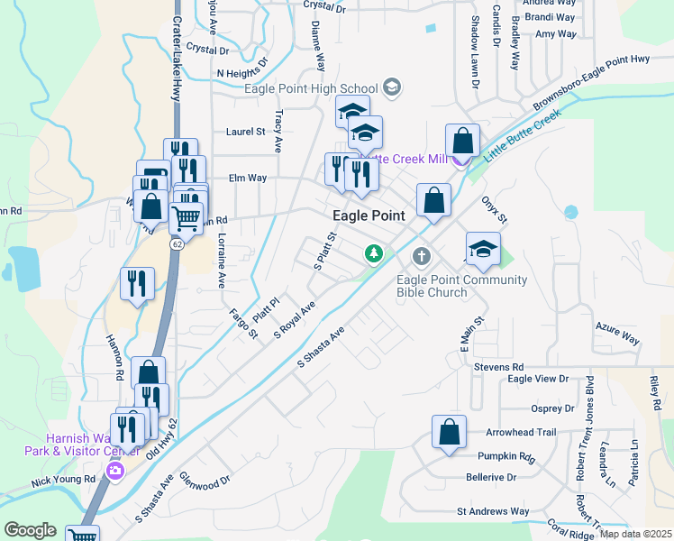 map of restaurants, bars, coffee shops, grocery stores, and more near 225 S Platt St in Eagle Point