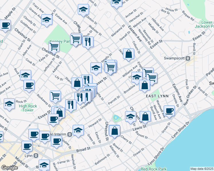map of restaurants, bars, coffee shops, grocery stores, and more near 12 Essex Avenue in Lynn
