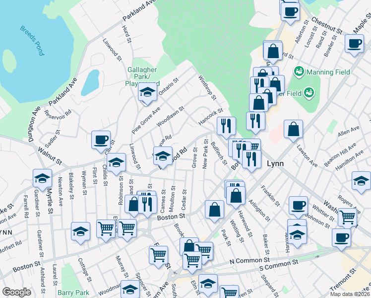 map of restaurants, bars, coffee shops, grocery stores, and more near 39 Gayron Way in Lynn