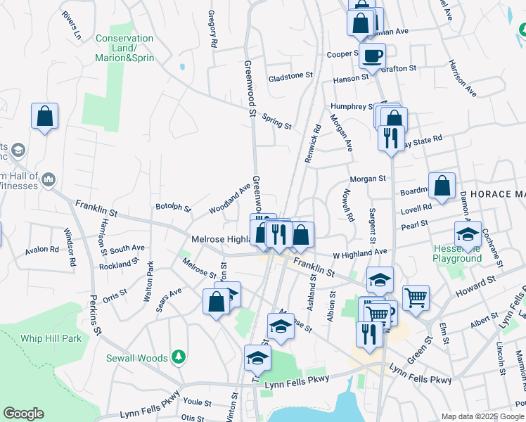 map of restaurants, bars, coffee shops, grocery stores, and more near 61 Messenger Court in Melrose