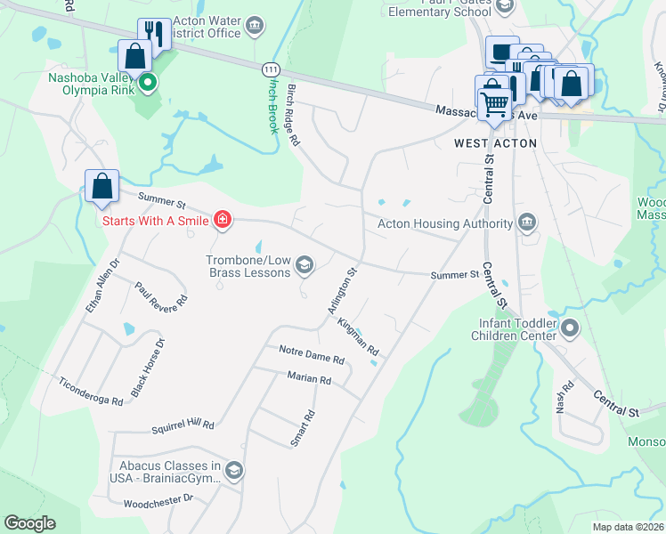 map of restaurants, bars, coffee shops, grocery stores, and more near 1 Winter Street in Acton