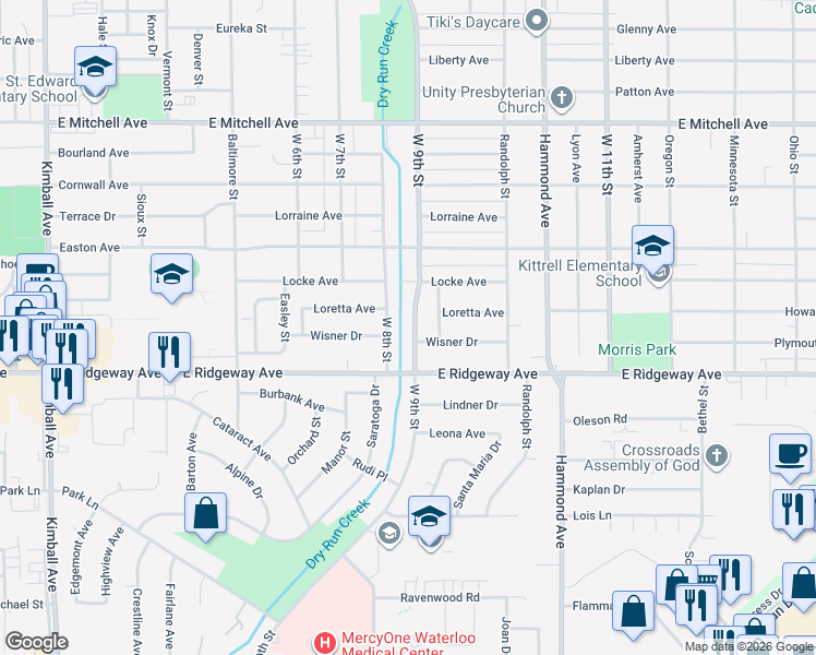 map of restaurants, bars, coffee shops, grocery stores, and more near 2546 West 9th Street in Waterloo