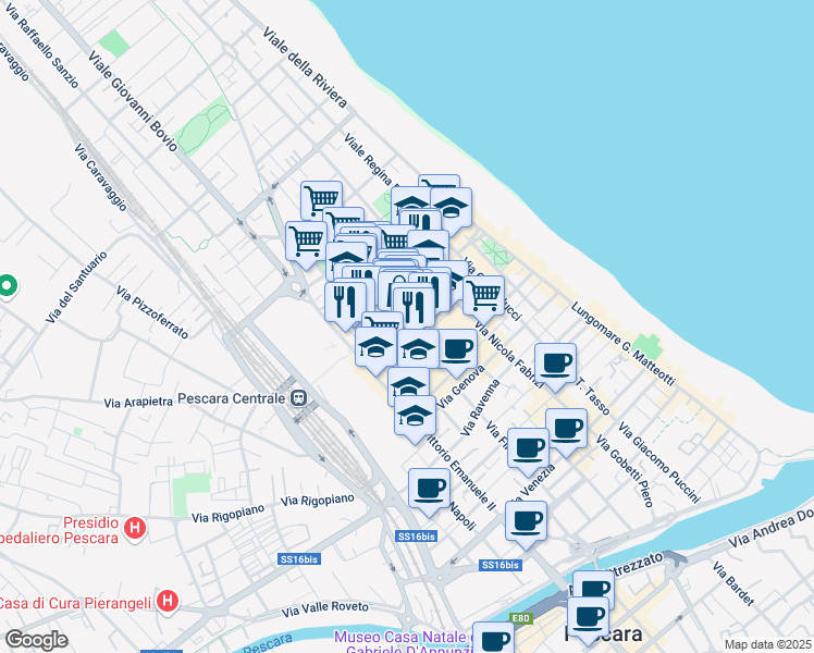 map of restaurants, bars, coffee shops, grocery stores, and more near 216 Via Firenze in Pescara