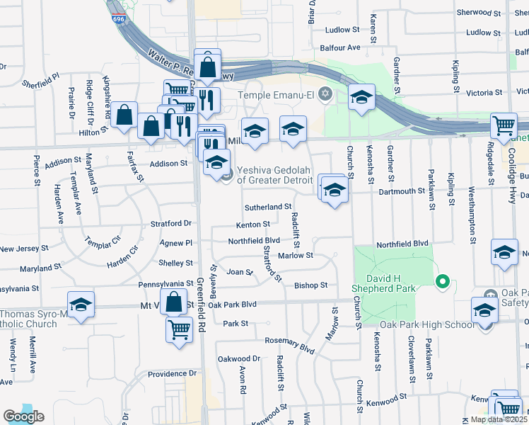 map of restaurants, bars, coffee shops, grocery stores, and more near 15131 Sutherland Street in Oak Park