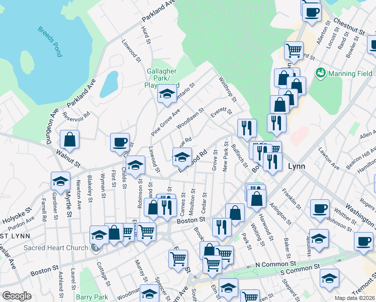 map of restaurants, bars, coffee shops, grocery stores, and more near 24 Gayron Way in Lynn