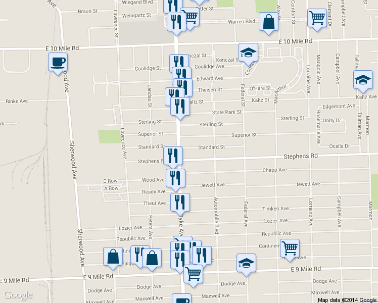 map of restaurants, bars, coffee shops, grocery stores, and more near 8036 Standard Street in Center Line