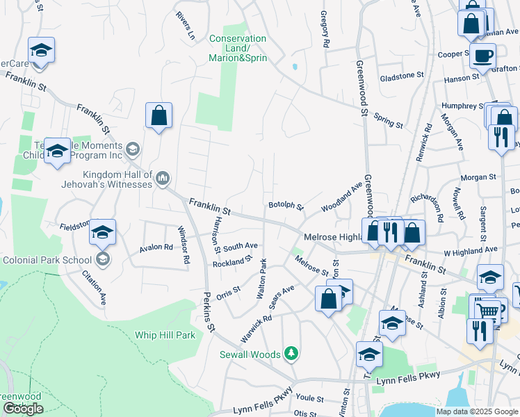 map of restaurants, bars, coffee shops, grocery stores, and more near 20 Botolph Street in Melrose